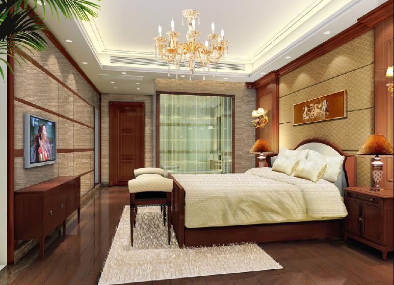 哈尔滨恒大雅苑中式卧室软包床头红木色家具简约电视墙蜡烛吊灯效果图